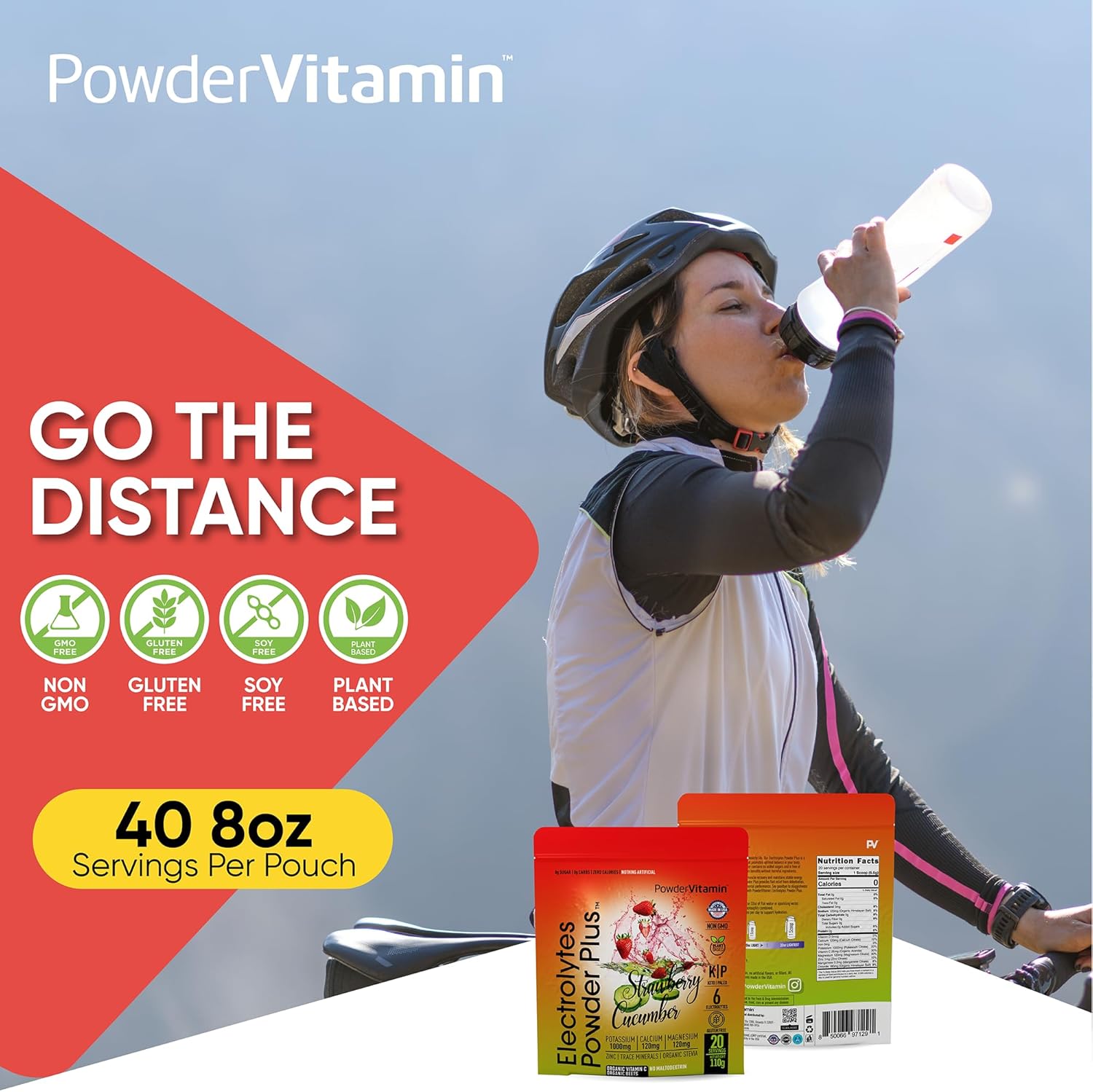 PowderVitamin Electrolytes Powder Plus (20 Servings) Strawberry Cucumber Electrolyte Powder Zero Calorie Keto,0Sugar,No Maltodextrin,1000mg Potassium,120mg Calcium,120mg Magnesium, Pink Himalayan Salt