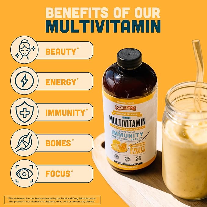 Barlean's Liquid Multivitamin for Women, Men & Kids, 21 Essential Vitamins & Minerals, Includes Biotin, B-Complex, Vitamins C, D3 & K2, Smoothie-Like Daily Supplement, Tropical Flavor, 32 fl oz