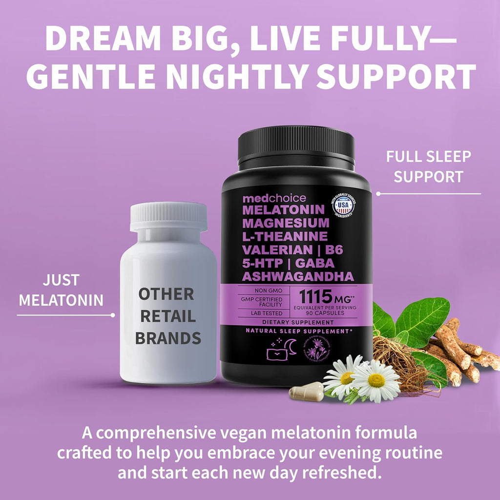 12-in-1 Melatonin Sleep Capsules - Natural Sleep Aids for Adults with Melatonin 5mg and Magnesium Glycinate 500mg, Sleep Aid with Ashwagandha, L Theanine, Valerian Root, GABA, 5-HTP (90ct, Pack of 2)