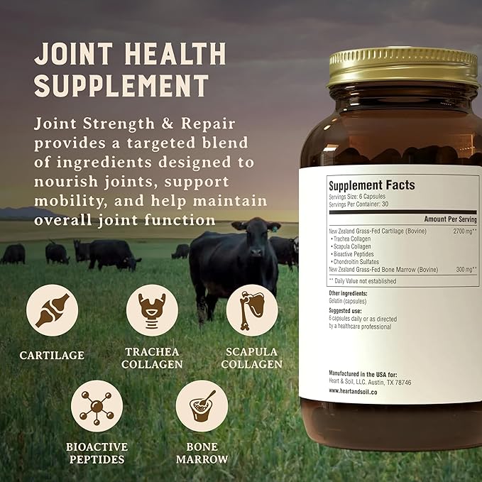Heart & Soil 100% Grass Fed & Finished Joint Support Supplement from Regenerative Cattle with Trachea, Scapula & Bone Marrow – Supports Joint Strength & Mobility – 3000mg – Glass Bottle – 180 Capsules
