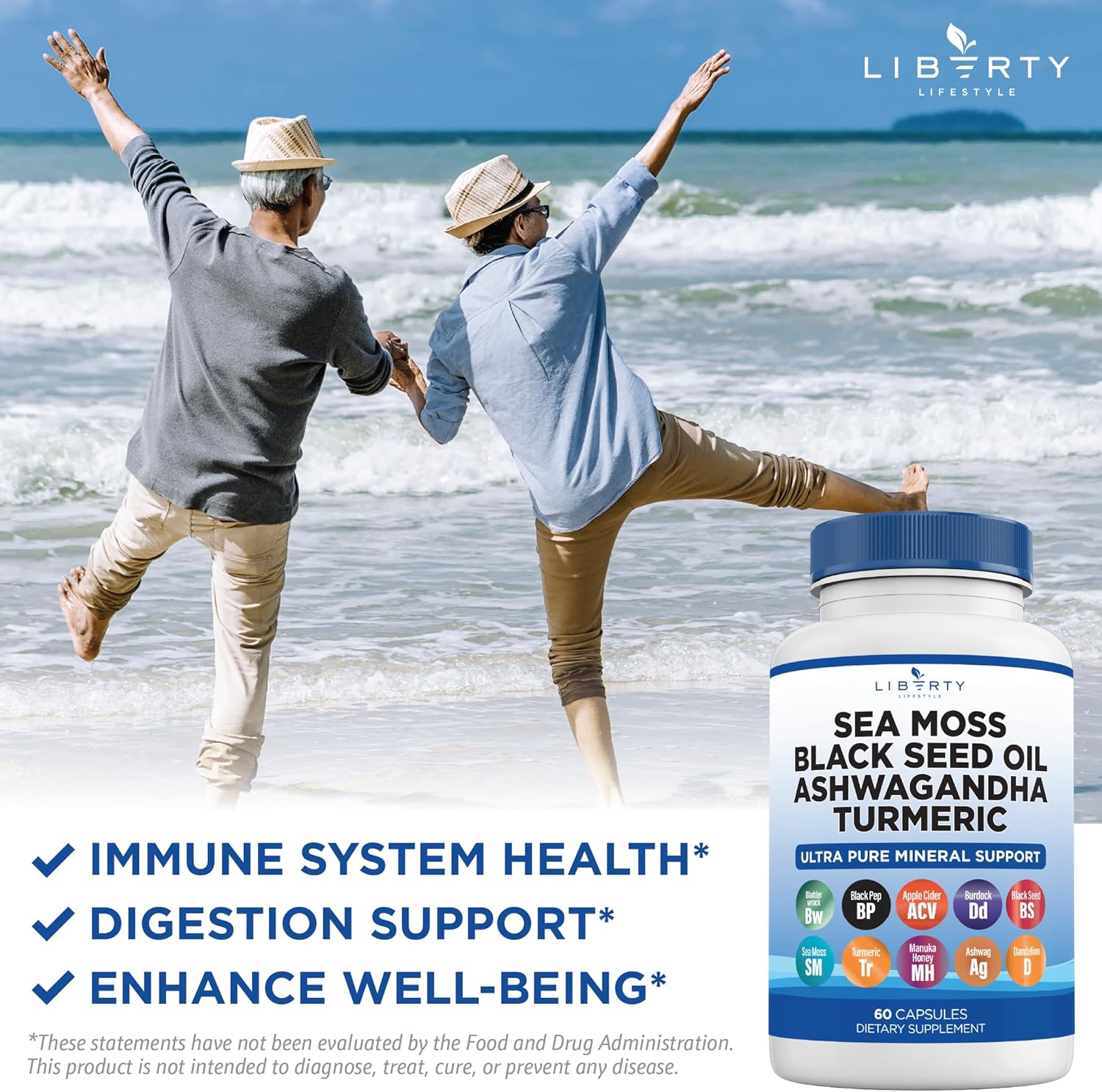 Sea Moss Black Seed Oil Ashwagandha Turmeric Bladderwrack Burdock - with Manuka, Honey Dandelion, ACV Black Pepper Gluten Free - 1-Pack