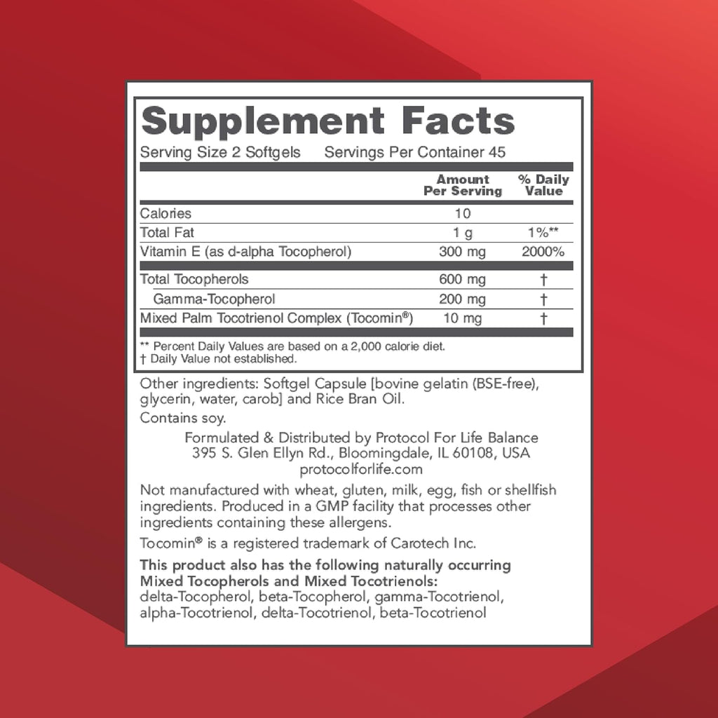 PROTOCOL FOR LIFE BALANCE Gamma E Toco Complex - Vitamin E 300mg - Antioxidant Support - for Cardiovascular Health & Brain Health - with Tocotrienols - Halal & Dairy Free - 90 Softgels