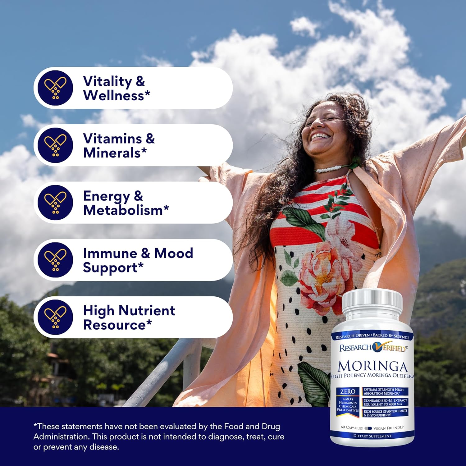 Research Verified Moringa Oleifera - 100% Pure Extract- 1200 mg Per Serving - 60 Count - 3 Month Supply