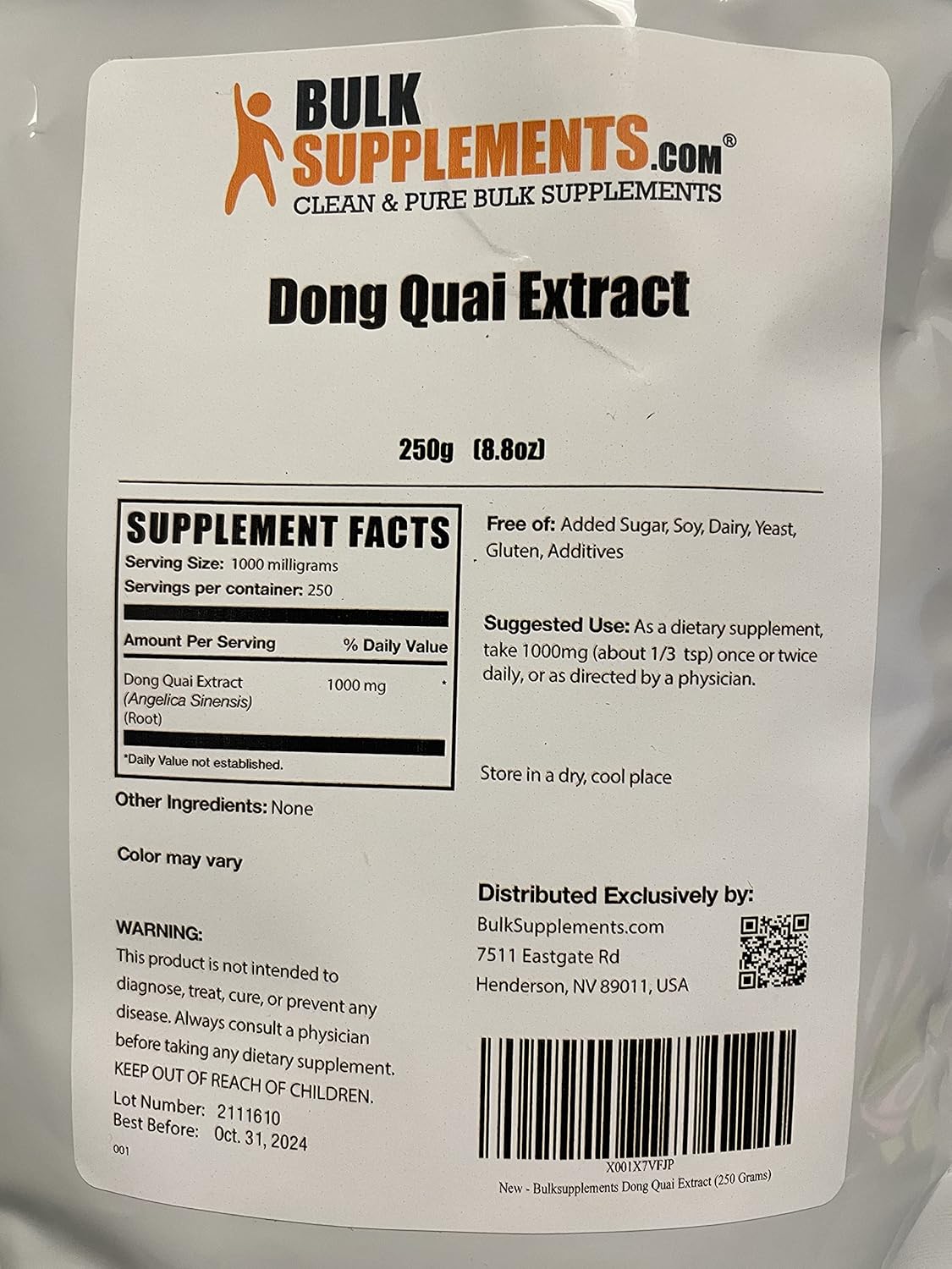 BulkSupplements.com Dong Quai Root Extract Powder - Angelica Root Powder, Dong Quai Herbal Supplements - Vegan & Gluten Free, 1g per Serving, 250g (8.8 oz) (Pack of 1)