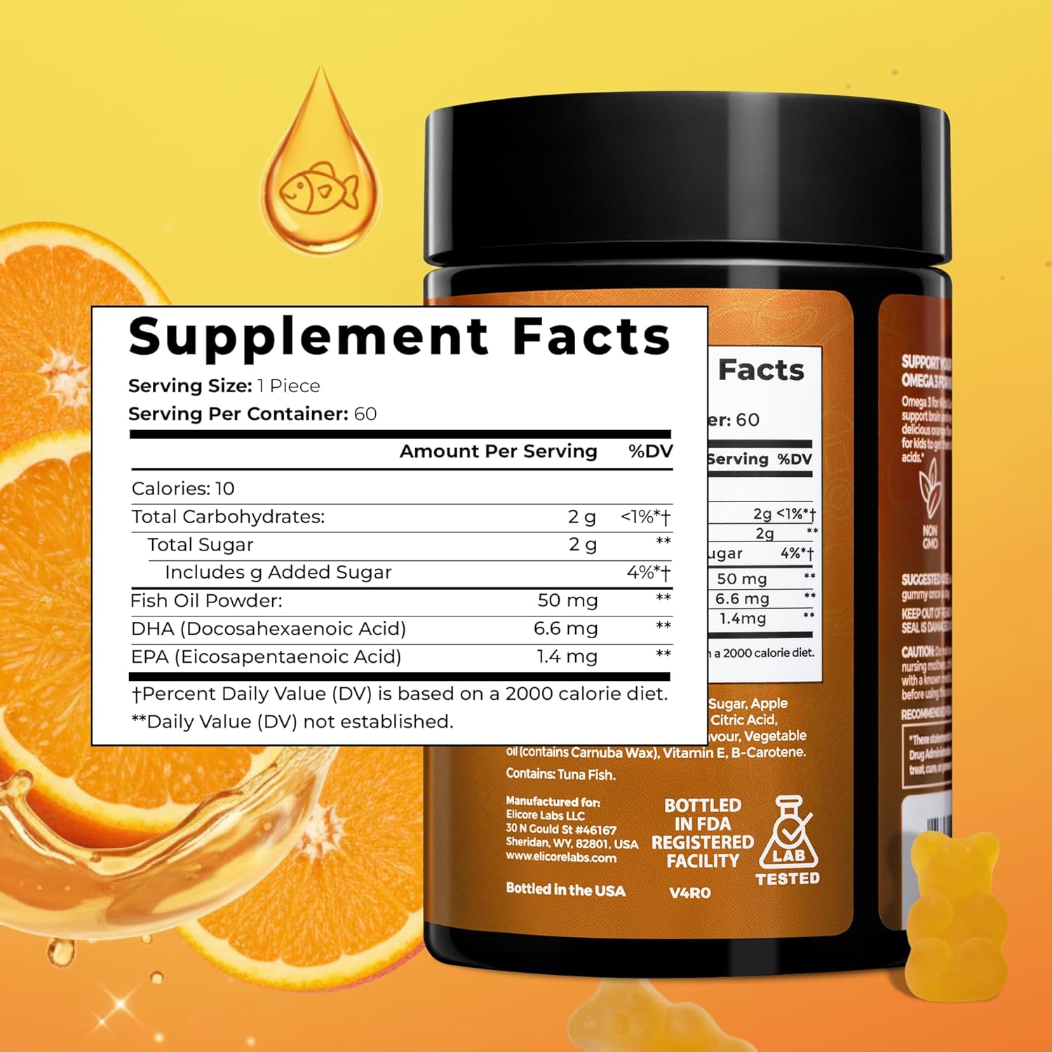 Kids Omega 3 Gummies DHA & EPA Fish Oil Supplement for Brain, Vision & Immune Health - Non-GMO, Gluten-Free Orange Flavor Chewable Omega 3 for Kids Gummy 4+ - 60 Count