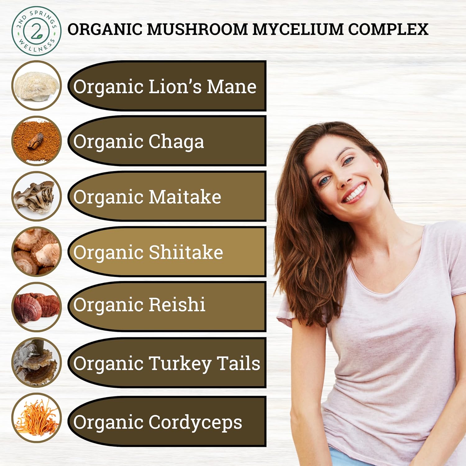 Organic Mushroom Complex - 7 Mushroom Blend Immune Support Nootropic & Cognitive Health Supplement with Organic Lion's Mane, Chaga, Maitake, Shiitake, Reishi, Turkey Tails, Cordyceps Mix