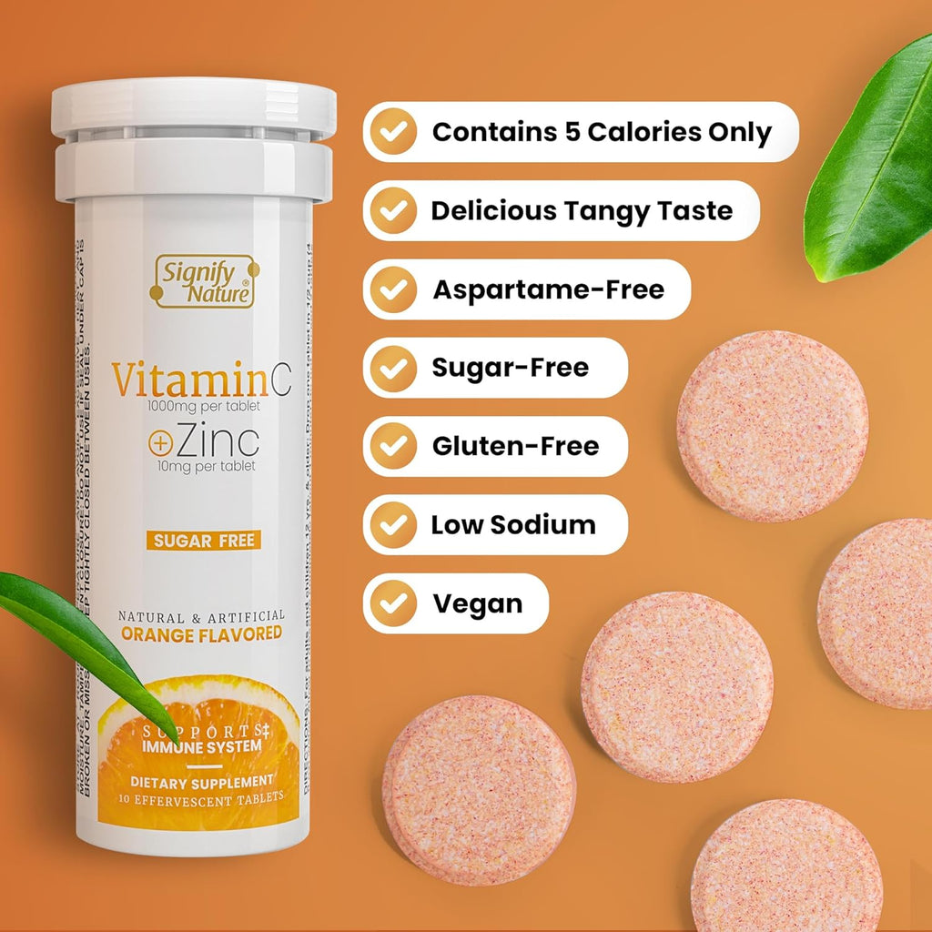 SIGNIFY NATURE Vitamin C 1000mg Effervescent Tablets - Potent Immune Support VIT C with Zinc Supplement - Sugar-Free & Vegan Formula | Dissolvable Vitamin C Tablets - Water Soluble Fizzy Elixir - 40CT