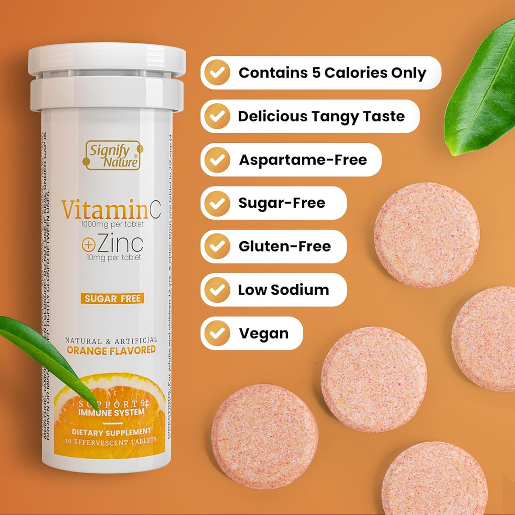 SIGNIFY NATURE Vitamin C 1000mg Effervescent Tablets - Potent Immune Support VIT C with Zinc Supplement - Sugar-Free & Vegan Formula | Dissolvable Vitamin C Tablets - Water Soluble Fizzy Elixir - 80CT