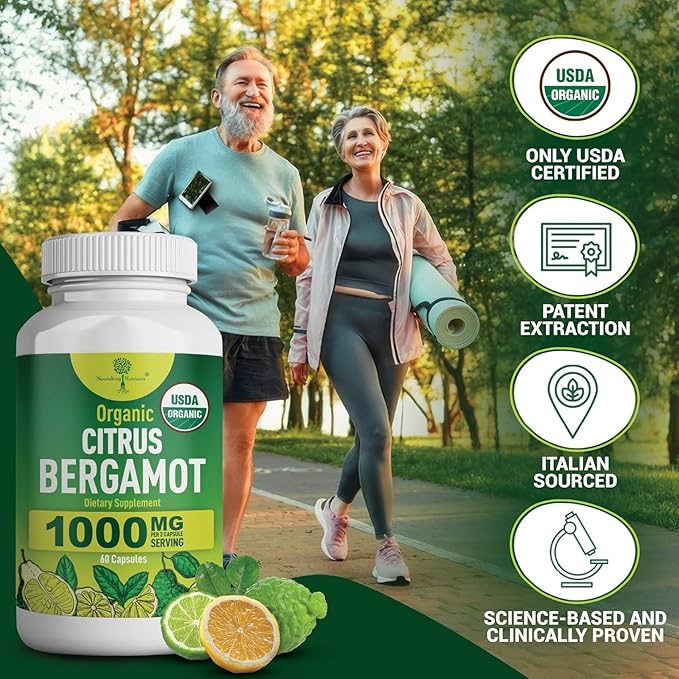 Organic Citrus Bergamot Supplement - Only USDA, Cardiologist Formulated with 200+ Scientific Studies -1000mg - Patented Extract, Heart, Cholesterol, & Lipid - Italian Bergamot High Polyphenols 60caps