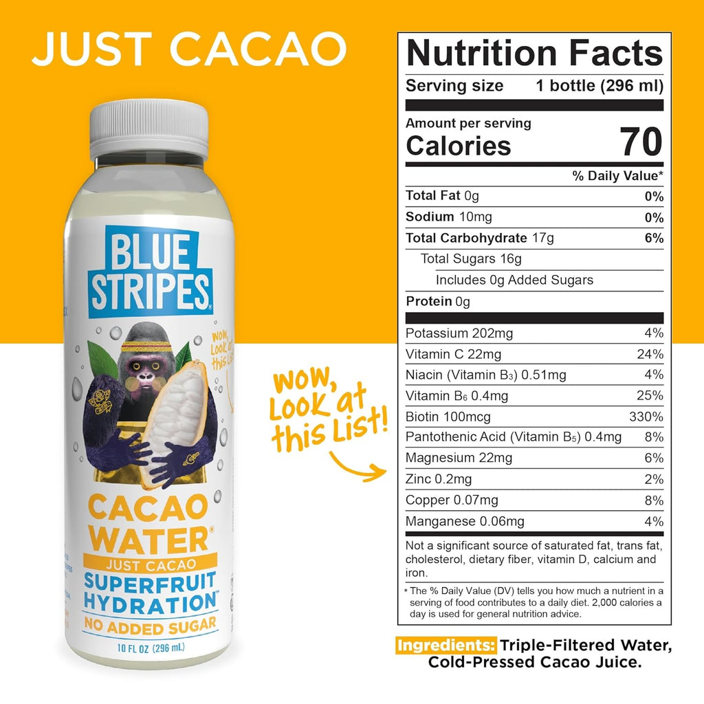 Blue Stripes Cacao Water - Cold Pressed Superfruit Hydration with Electrolytes & Antioxidants, No Sugar Added, All Natural, Great for Protein Shakes & Smoothies - Just Cacao, 12 Pack