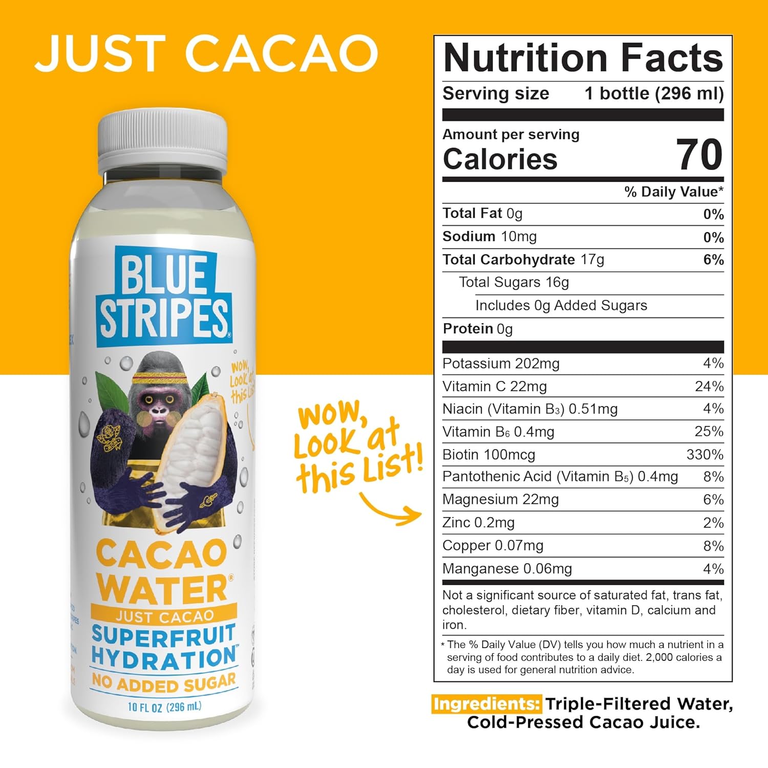 Blue Stripes Cacao Water - Cold Pressed Superfruit Hydration with Electrolytes & Antioxidants, No Sugar Added, All Natural, Great for Protein Shakes & Smoothies - Just Cacao, 12 Pack