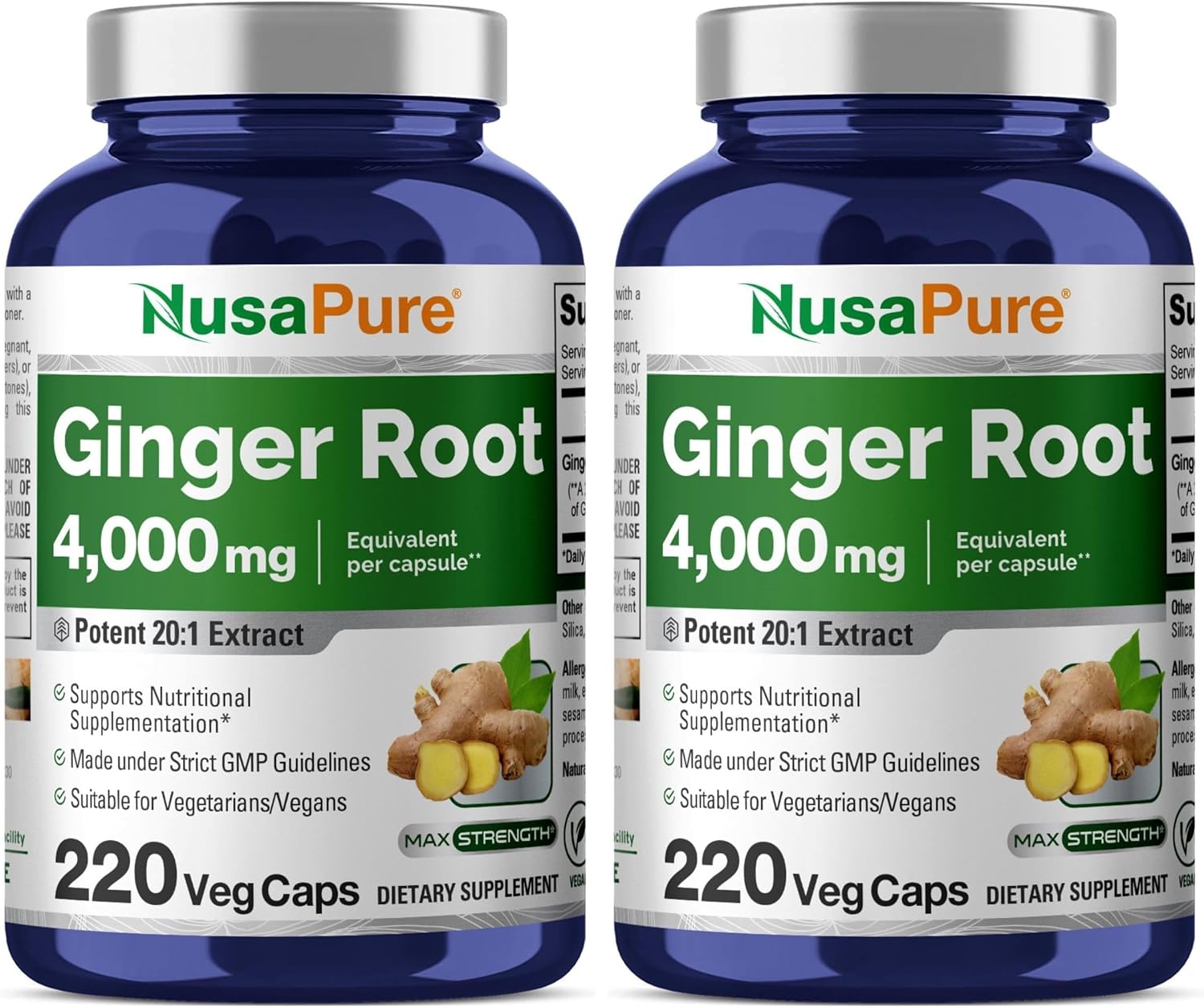 NusaPure Ginger Root Capsules 20:1 Extract, 200 mg Equivalent to 4,000mg per Veggie Caps | 220 Count | Non-GMO (Pack of 2)