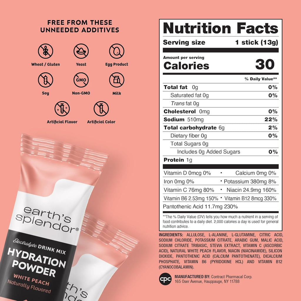 Earth's Splendor Electrolytes Powder Packets Sugar Free White Peach Hydration Sticks with Essential Vitamins for Energy & Sports Performance Travel-Friendly Single-Serve Packets for Daily Use 10 Pack