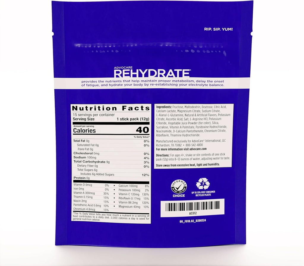 AdvoCare Rehydrate - Electrolyte Drink Mix - Includes Magnesium, Sodium, Potassium & Calcium - Antioxidant & Amino Acid Fortified - Hydration & Recovery - Fruit Punch, 15 Stick Packs (6.3 oz)