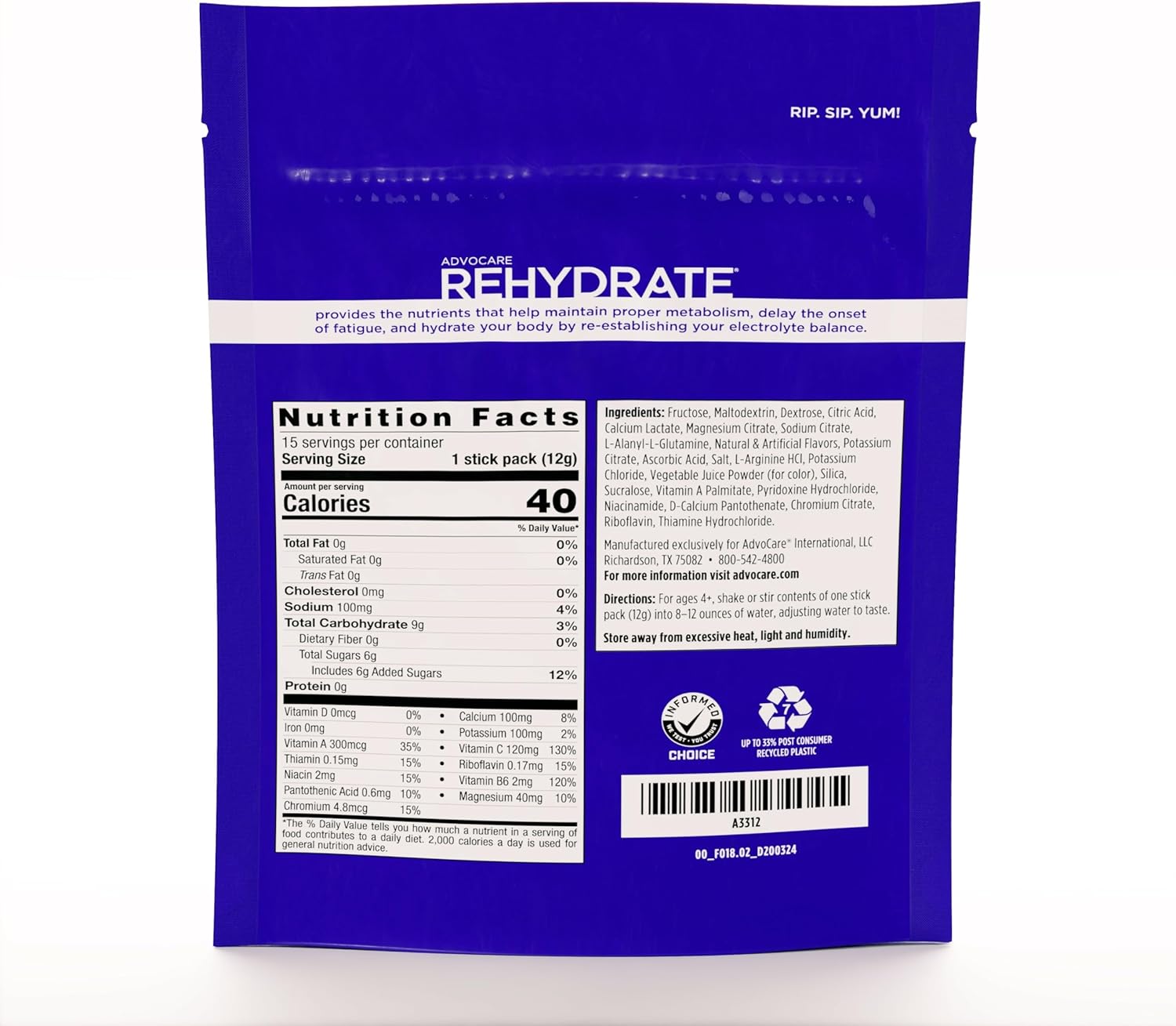 AdvoCare Rehydrate - Electrolyte Drink Mix - Includes Magnesium, Sodium, Potassium & Calcium - Antioxidant & Amino Acid Fortified - Hydration & Recovery - Fruit Punch, 15 Stick Packs (6.3 oz)