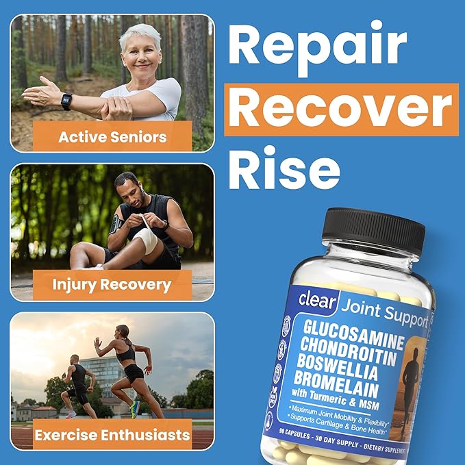 Glucosamine Sulfate 1500mg Chondroitin & MSM Joint Support - 8-in-1 Formula with Turmeric & Boswellia - Easy-to-Swallow Capsules, Gentle on Stomach for Back, Knee & Hip Support - 90 Capsules