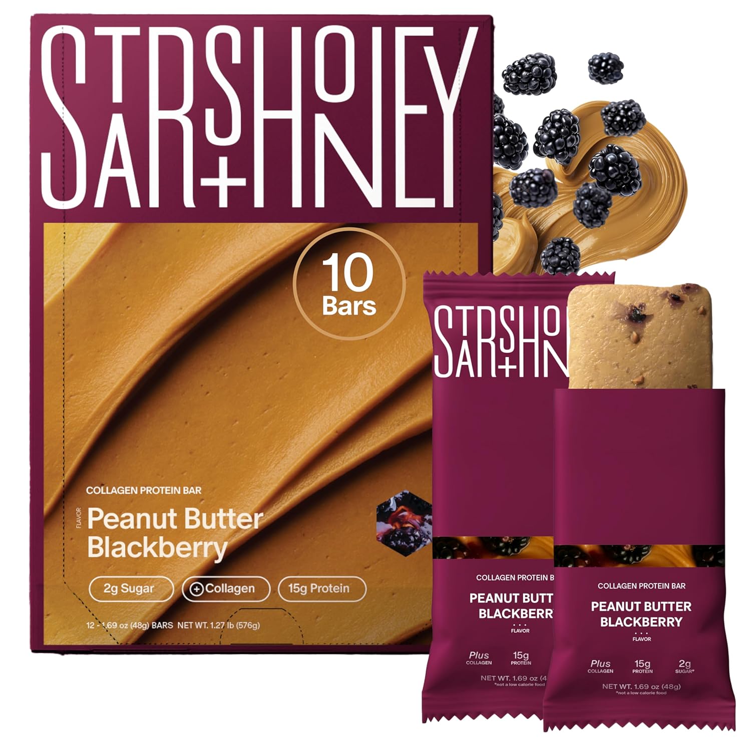 Stars + Honey Protein Bars - Peanut Butter Blackberry, 15g Protein, 2g Sugar, w/Collagen Keto Friendly Snack - Gluten, Dairy, Seed Oil, & Soy Free - High-Protein Snacks for Energy & Recovery -10 pack