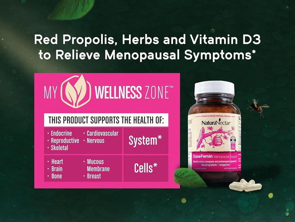 NaturaNectar - EaseFemin Menopausal Support Supplements for Women - Estrogen-Free Red Bee Propolis Capsules for Hot Flashes & Night Sweats - Natural and with Proprietary Calming Herbal Blend (30pcs.)