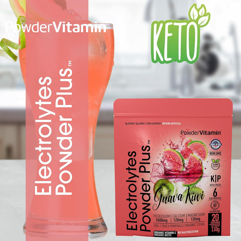 PowderVitamin Electrolytes Powder Plus (20 Servings) Guava Kiwi Electrolyte Powder Zero Calorie Keto,0 Sugar, No Maltodextrin,1000mg Potassium,120mg Calcium,120mg Magnesium, Pink Himalayan Salt