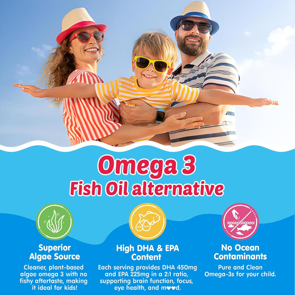 Kids Omega 3 Gummies with Calcium, Vitamin D3 & K2, C, Omega-3 DHA Gummies for Focus and Memory, Bone Health & Immune Support, Kids Omega3 Supplement - No Fish Taste, Non-GMO, Chewable, 60 Counts