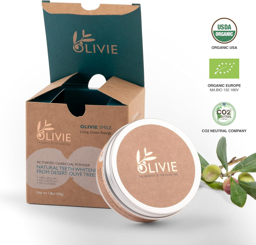 Organic Activated Charcoal Powder for Teeth Whitening by Olivie Smile, Natural Toothpaste Alternative, Desert Olive Tree Charcoal, Fluoride and Chemical Free 1.8 oz