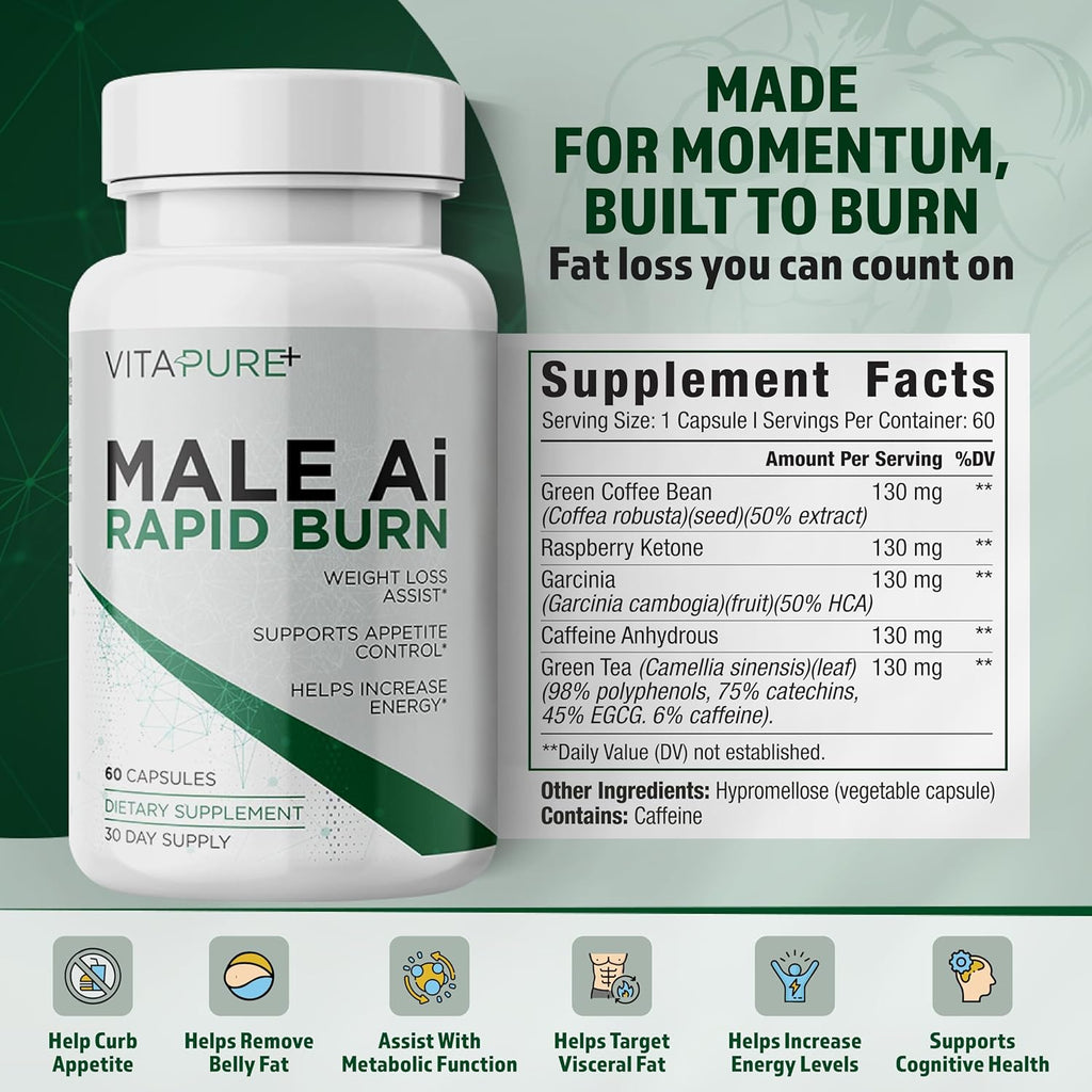 Male Ai Rapid Fat Burner for Men | Supports GLP-1 Pathway Function for Weight Loss | Appetite Suppressant, Energy Booster, Unisex Diet Pills | 3rd Party Tested Formula - 60 Capsules