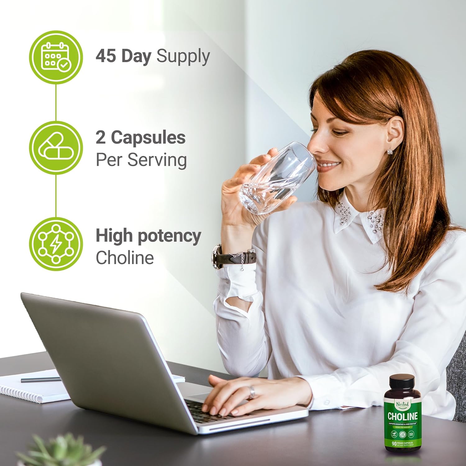 Nested Naturals Choline Bitartrate 500mg - High Potency Choline Supplements - Supports Maternal & Fetal Health During Pregnancy* - 100% Vegan & Non-GMO - 2-Pack (180 Vegan Capsules)