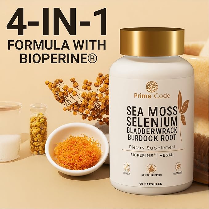 Prime Code Sea Moss Capsules with Selenium, Bladderwrack & Burdock Root – BioPerine® Enhanced Absorption – Vegan Daily Supplement for Immune, Skin, Gut & Energy Support – Pure Formula, No Sugar