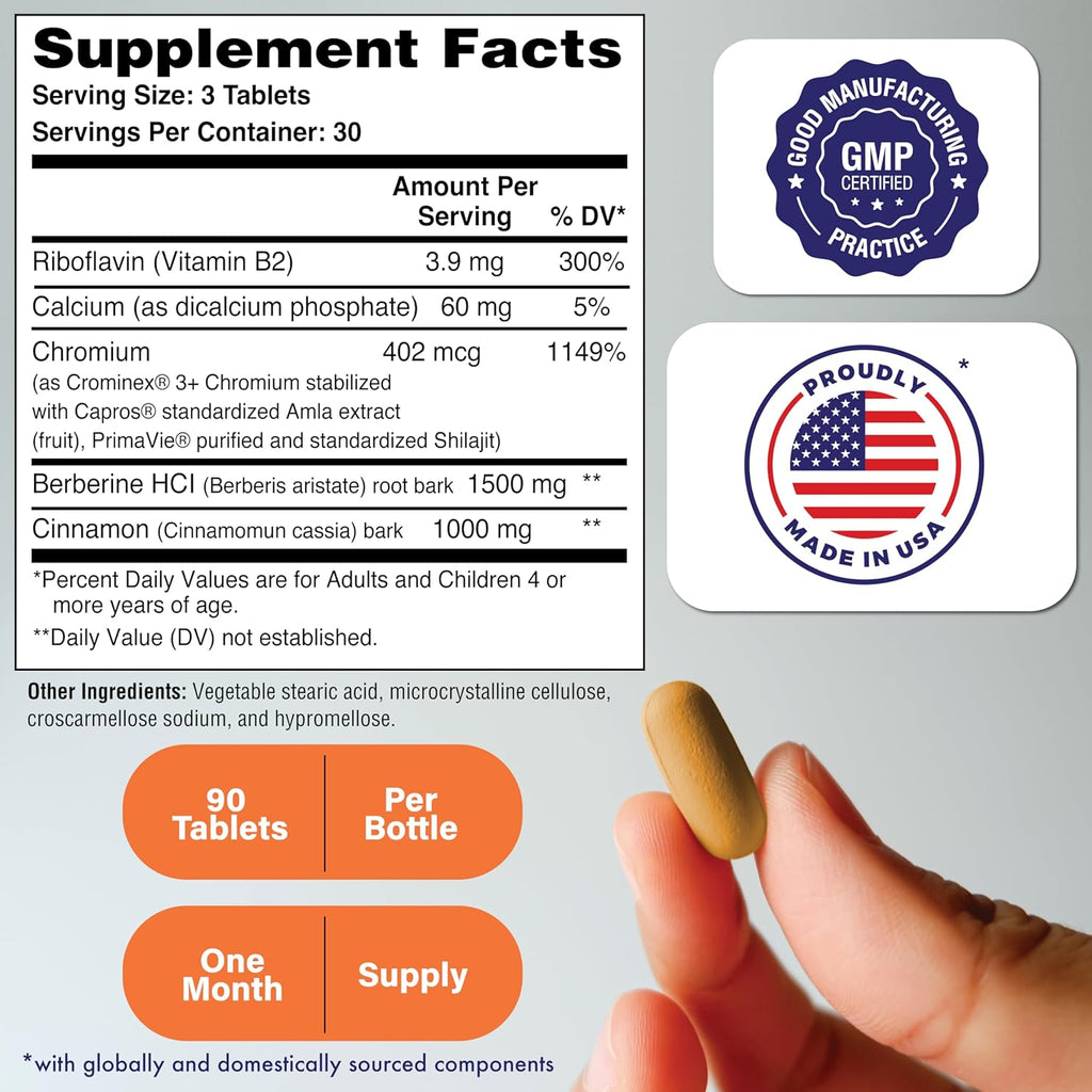 Health Thru Nutrition GlucoPro Max - with 1,500mg Berberine, Chrominex + Chromium, and 1,000mg Cinnamon | Vegan, Non-GMO, Gluten Free | Pack of 90