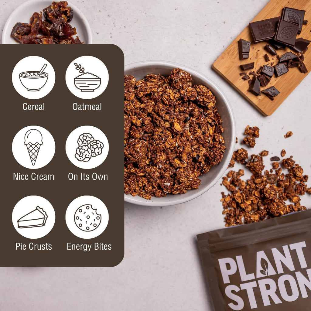 PLANTSTRONG Dark Chocolate Granola Snack Mix - Whole Grain, Naturally Sweetened With Fruit, Plant Based, Oil Free - Pack of 4 x 9oz Bags