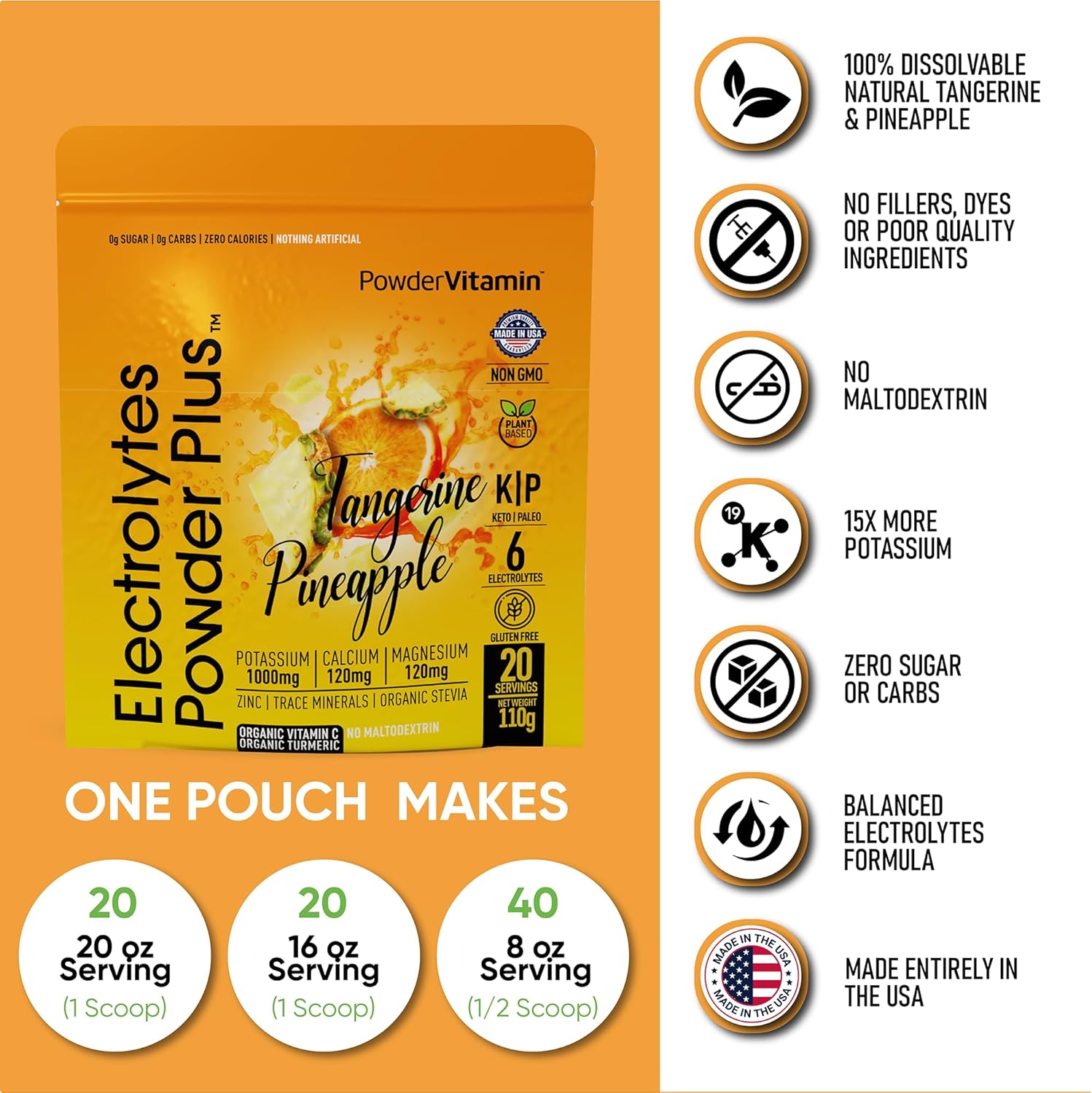PowderVitamin Electrolytes Powder Plus (20 Servings) Tangerine Pineapple Electrolyte Powder Zero Calorie Keto,0Sugar,No Maltodextrin,1000mg Potassium,120mg Calcium,120mg Magnesium, Pink Himalayan Salt