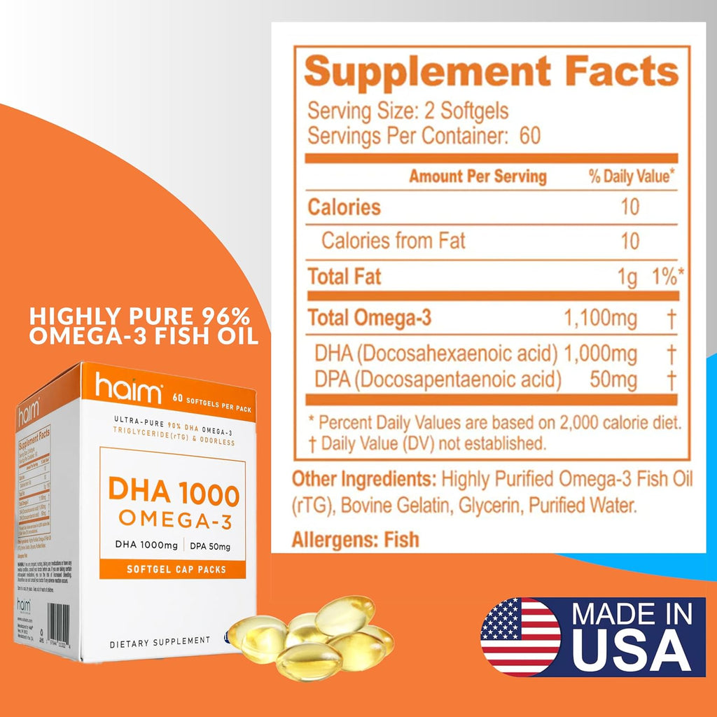 HAIM DHA 1000 Omega-3 Fish Oil - 90% Purity with 1000mg DHA, 50mg DPA - High Potency Fish Oil Supplement for Brain, Eye & Heart Support - Promotes Overall Wellness & Focus - 1 Box, 60 Softgels