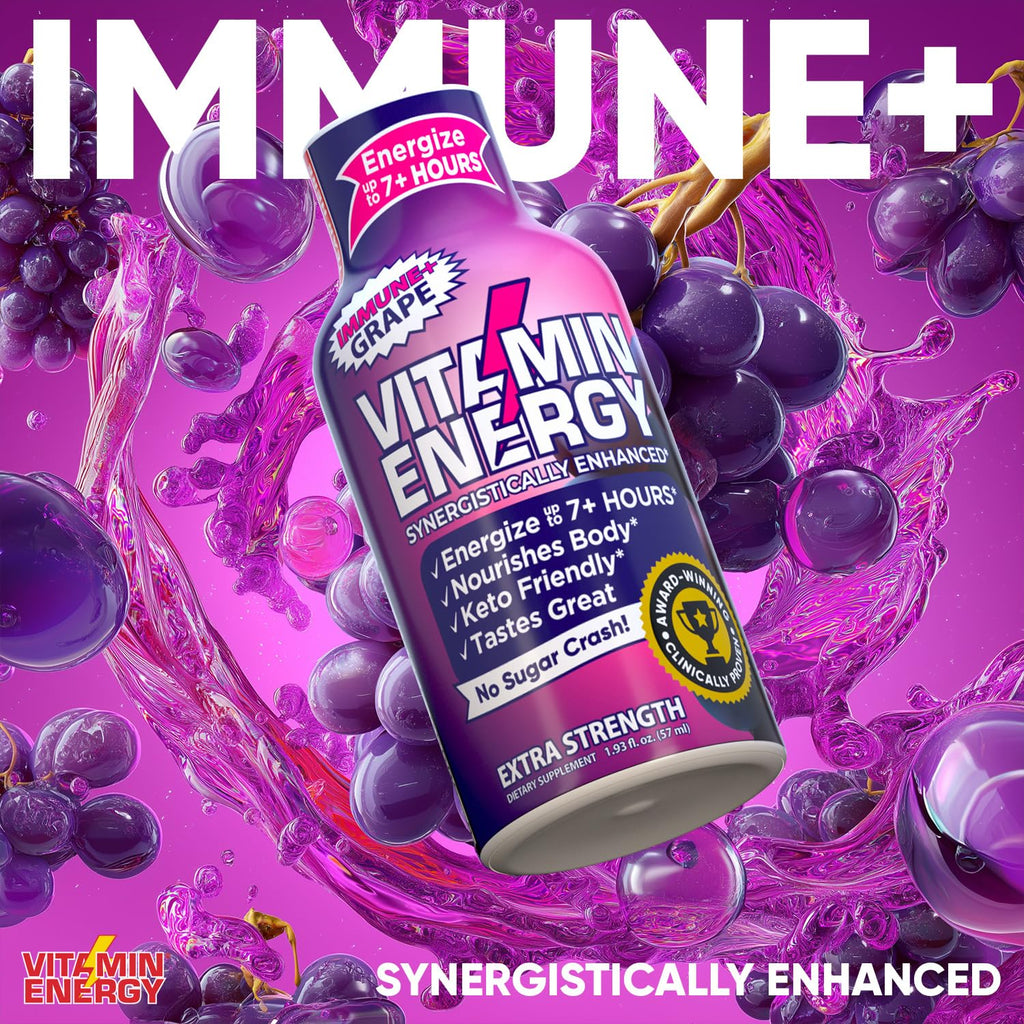 Vitamin Energy Immune+ Extra Strength Energy Shot Grape 48 Pack, 260mg Natural Caffeine, B-Vitamins, Citicoline, Green Tea, Immunity & Focus Support, Zero Sugar, Gluten-Free 1.93 fl oz