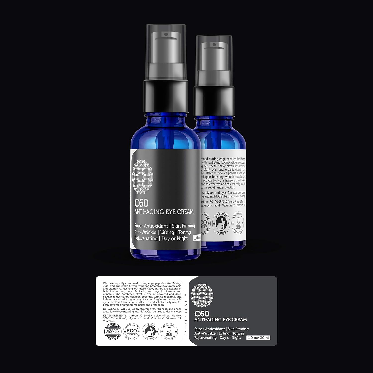 C60 Anti-Aging Eye Cream 30ml with Matrixyl 3000, Tripeptide-5, Hydrating Botanical Hyaluronic Acid and Vitamin C for Men & Women Made with Organic Ingredients