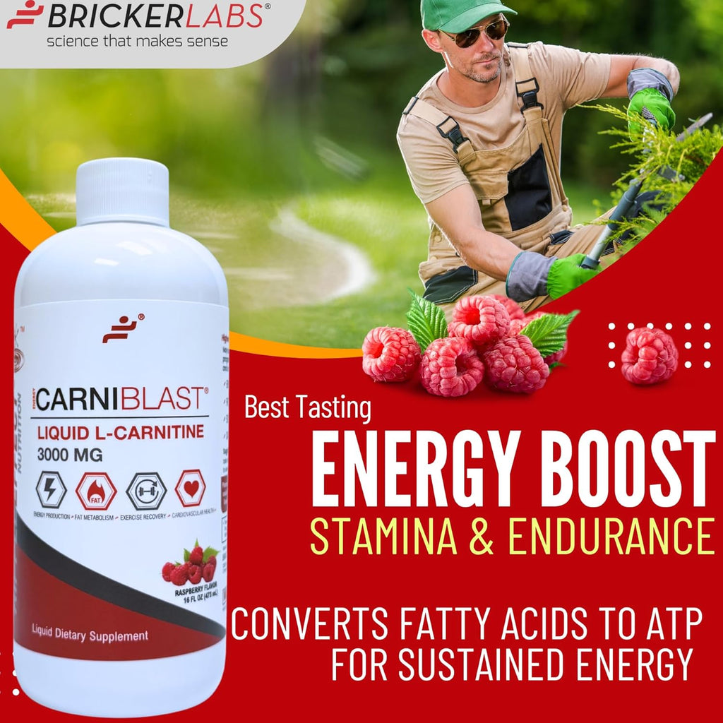 CARNIBLAST Liquid L-Carnitine 3000mg, Premium L Carnitine Carnipure, Energy Nutrition, Energy Supplement and Energy Booster, Raspberry, 16 fl oz