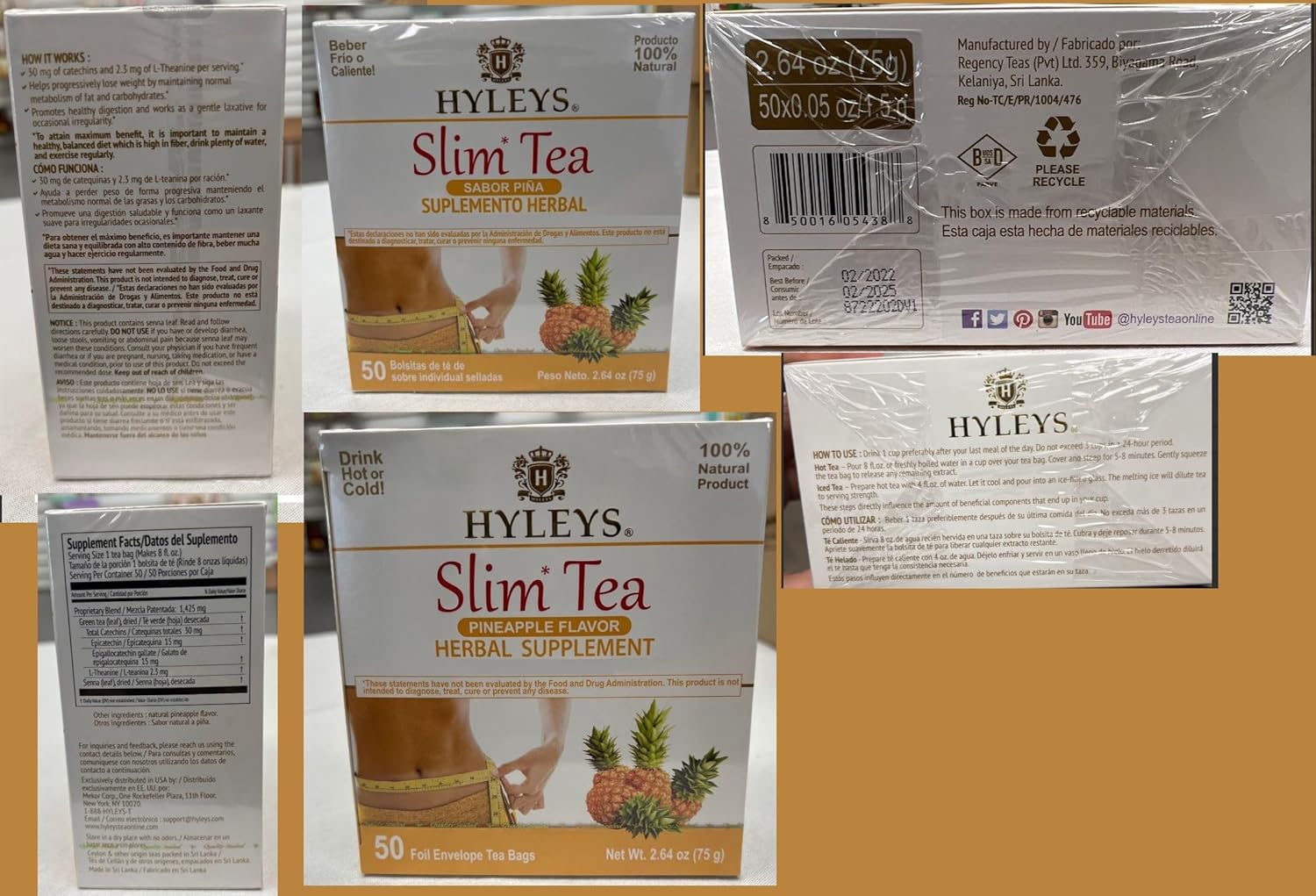 Hyleys Slim Tea Weight Loss Herbal Supplement with Pineapple - Cleanse and Detox - 50 Tea Bags (6 Pack)
