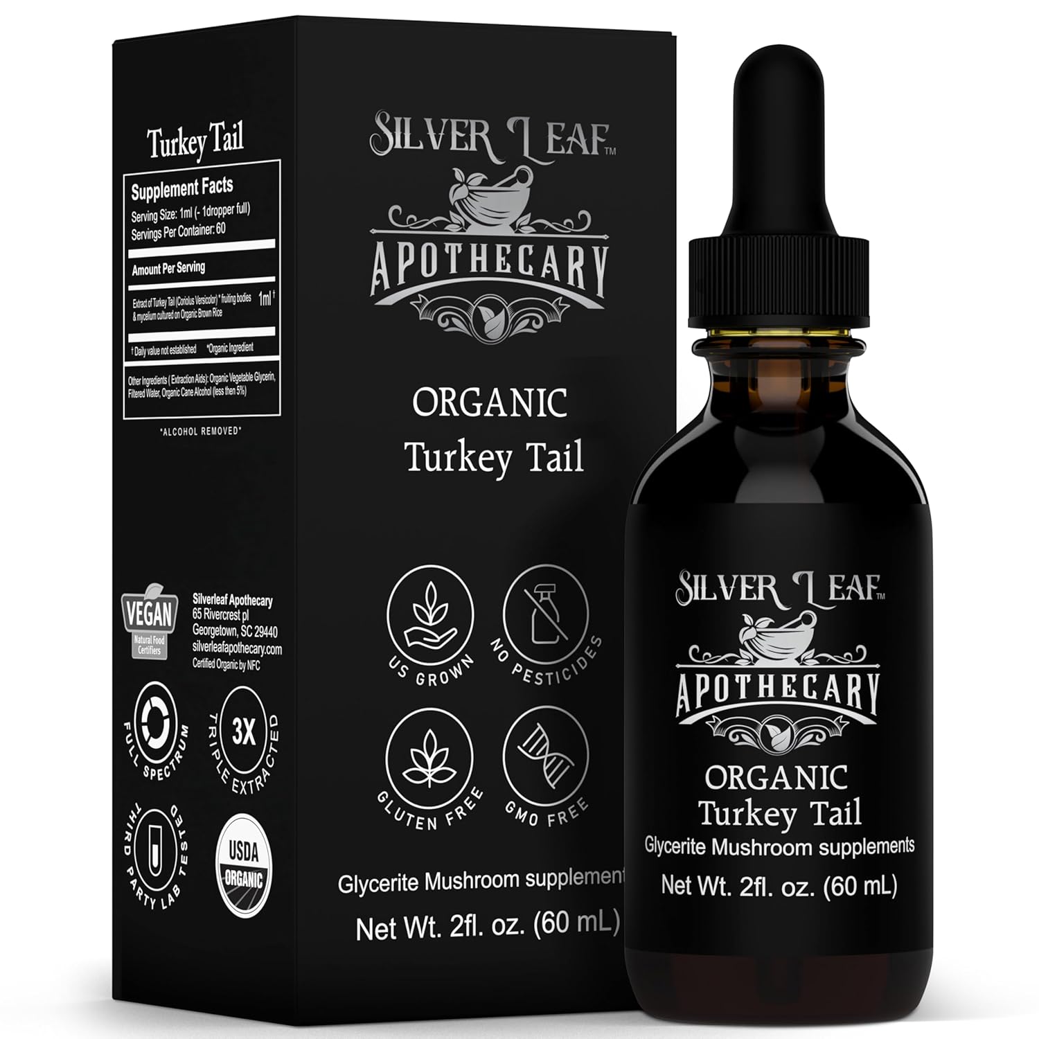 Silverleaf Apothecary Organic Triple-Extracted Turkey Tail Tincture Mushroom Supplement for Immune Support, Gastrointestinal & Gut Microbiome Wellness - 2 Fl Oz (60ml)