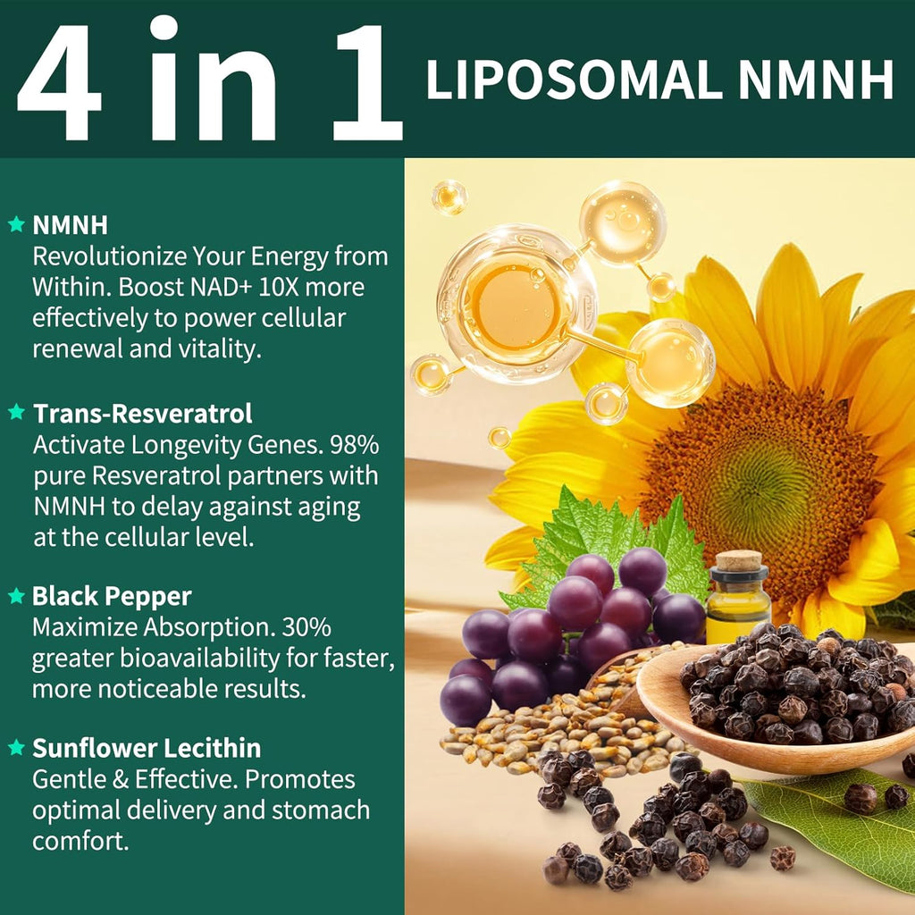 NMNH Supplement – Liposomal NAD+ Resveratrol – Dihydronicotinamide Mononucleotide for Cellular Health, Anti Aging, Energy, Daily Vitality - 900mg 90 Capsules 45 Day – Advanced NAD Supplement
