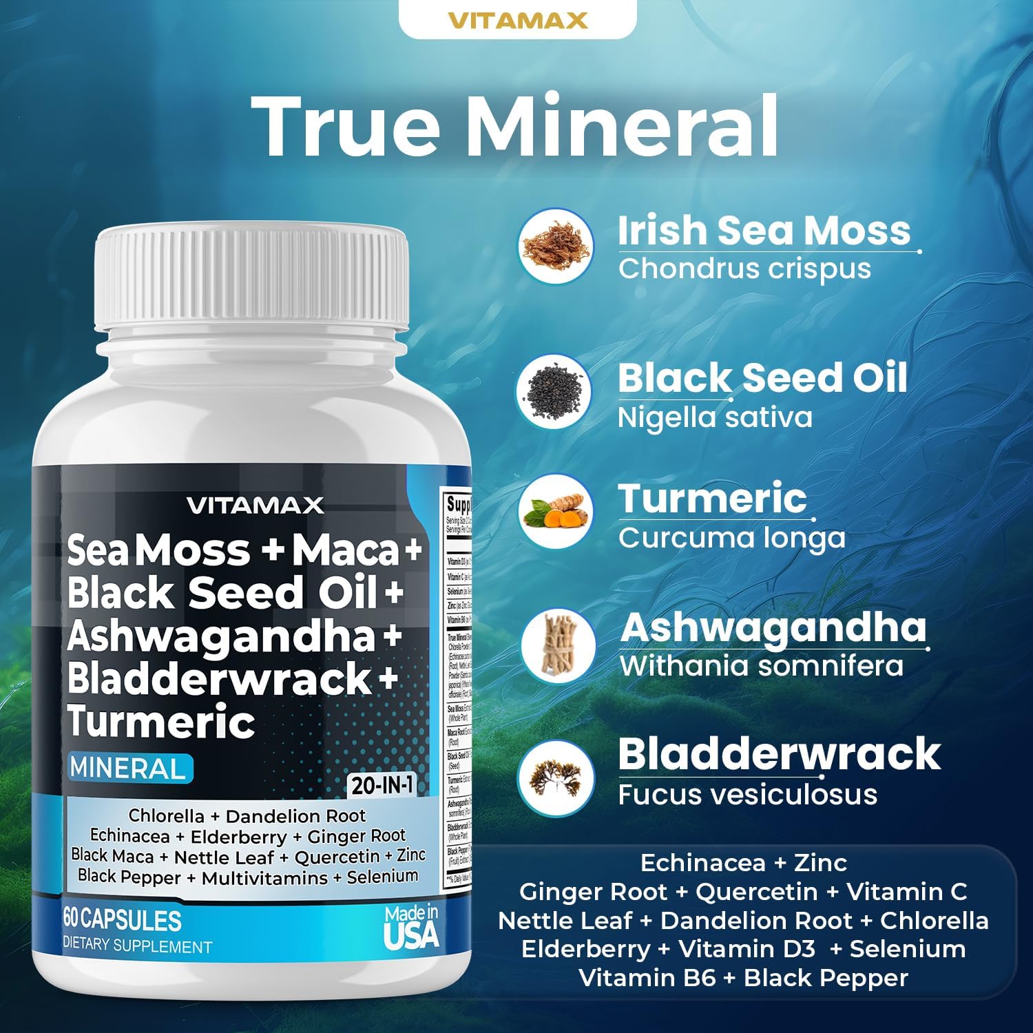 Sea Moss, Maca, Black Seed Oil, Ashwagandha, Bladderwrack, Turmeric - Elderberry, Vitamins C & D3, Dandelion & Black Pepper - Made in USA- 120ct