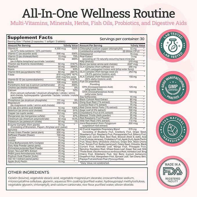 Daily 7 Essentials Women's Vitamin Pack -7 Pack Complete Women's Multivitamin Packet with Energy, Metabolism, Immune System, Female Health Support with Probiotics, More