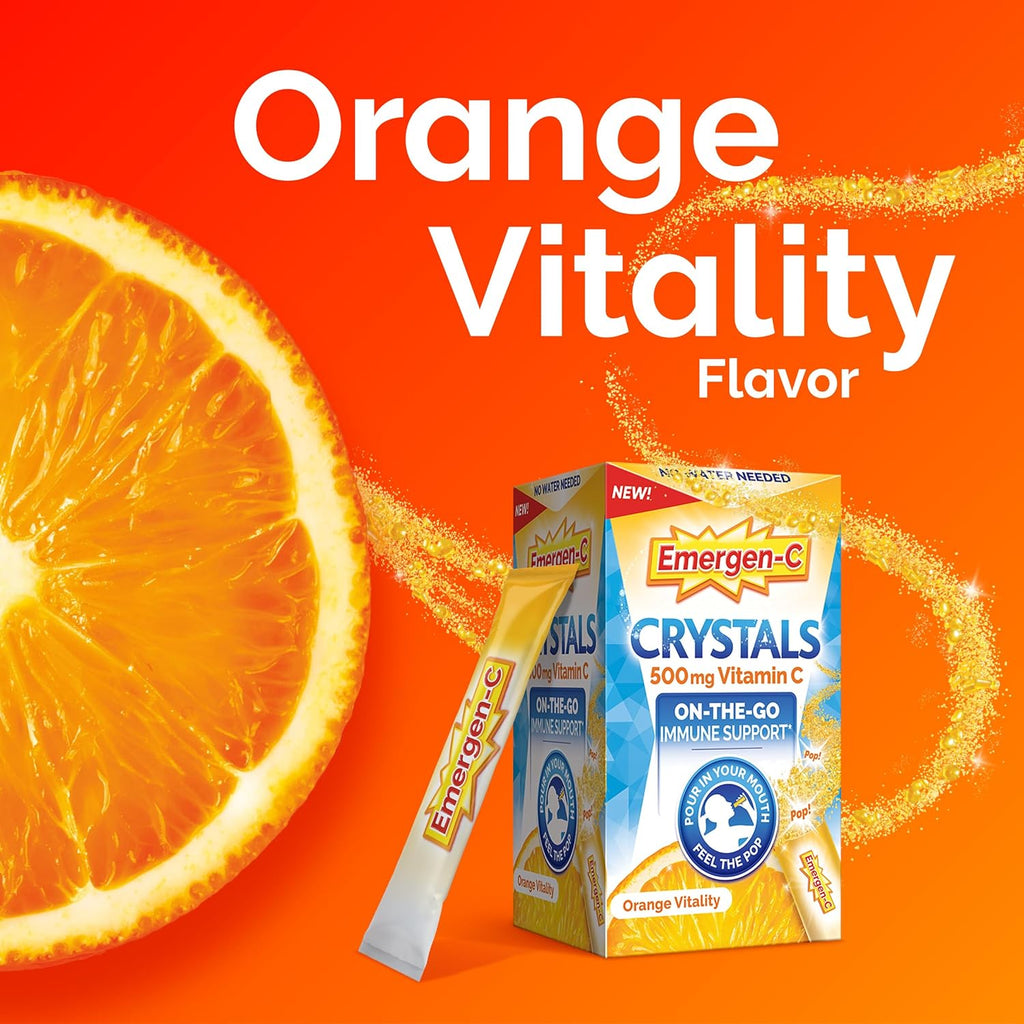 Emergen-C Crystals, On-the-Go Emergen-C Immune Support Supplement with Vitamin C, B Vitamins, Zinc and Manganese, Orange Vitality, Back to School Essentials - 56 Stick Packs