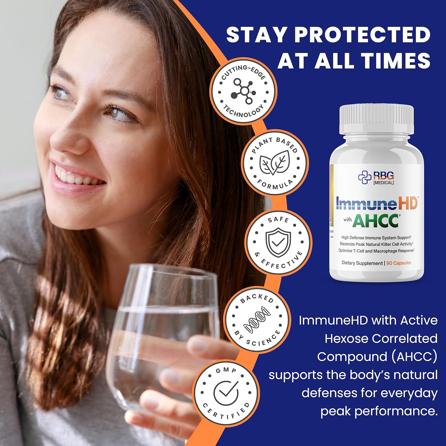 Immune-HD with AHCC Supplement for Immune Support,1500mg of AHCC Mushroom Extract + Olive Leaf & Quercetin with Bromelain, Natural Killer Cell Activity for Immune System, Liver Function, 90 Caps, RBG