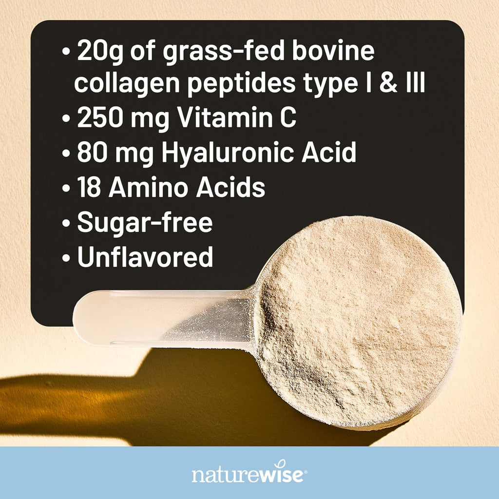 NatureWise Collagen Peptides Powder with Hyaluronic Acid and Vitamin C - Unflavored Collagen Peptides for Women & Men - Type I & III for Hair, Skin & Nails - Sugar, Gluten & Dairy Free - 30 Servings