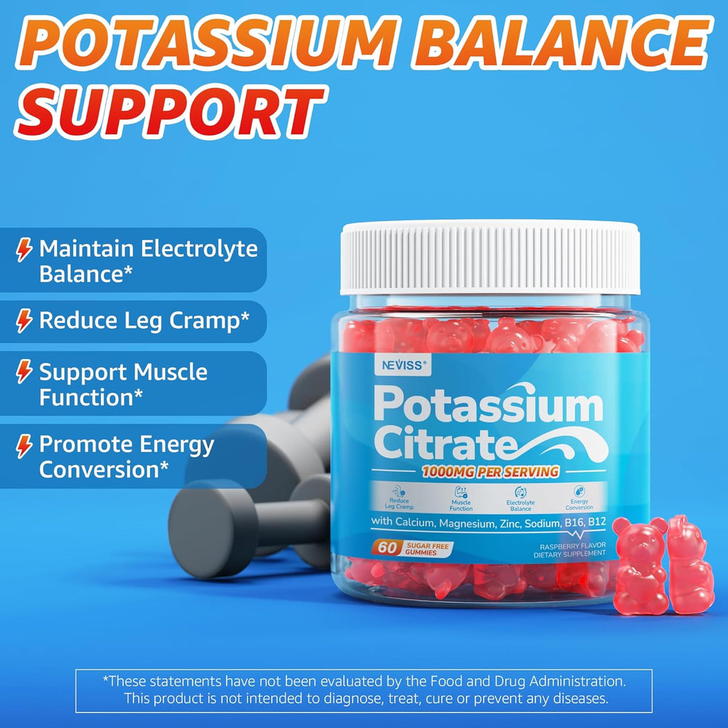 Potassium Citrate 1000mg Gummies, Potassium Magnesium Supplement + Calcium, Zinc, Sodium, Vitamin B6, B12, Support Leg Cramps, Electrolyte Balance, Body Performance, Energy Boost, Sugar Free, 120 Cts