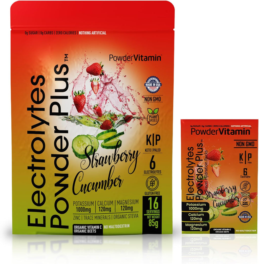 PowderVitamin Electrolytes Powder Plus, Keto, Strawberry Cucumber, Sugar Free, Pink Himalayan Salt, 1000mg Potassium, 120mg Calcium, 120mg Magnesium, Non-GMO, Zero Calories, (16 Hydration Packets)