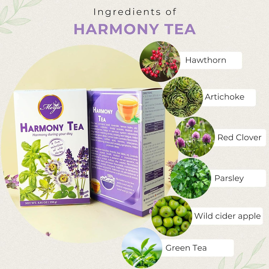 Merja Herbs Harmony Tea [250g] Caffeine-Free, Stress Relief & Memory Boost | 100% Natural Leaves Support Sleep | Herbal Teas & Beverages