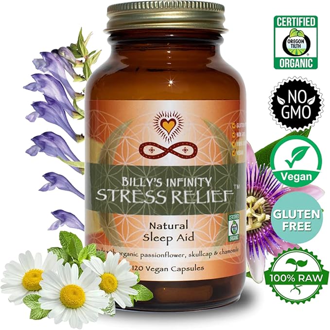 Infinity Stress Relief, Adaptogen Mood Support Supplement with Passion Flower, Skullcap, and Chamomile, Organic, Vegan, Non GMO, 40 Day Supply (120 Capsules)