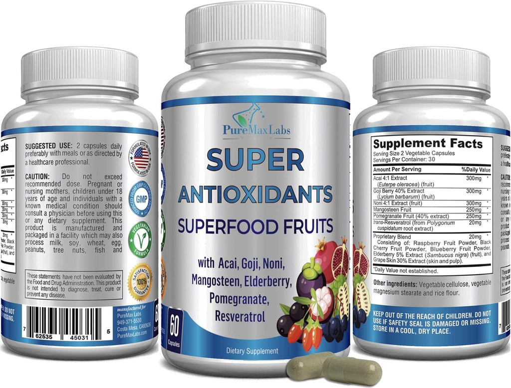 Super Antioxidant Fruit Superfood Complex - Powerful Antioxidant Superfruits, Acai, Goji, Noni, Mangosteen, Pomegranate, Elderberry, Resveratrol, Immune Support, Skin Care - 60 Capsules (Pack of 2)