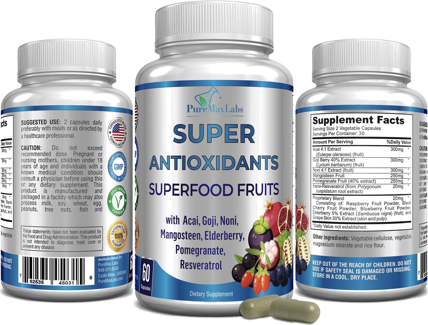 Super Antioxidant Fruit Superfood Complex - Powerful Antioxidant Superfruits, Acai, Goji, Noni, Mangosteen, Pomegranate, Elderberry, Resveratrol, Immune Support, Skin Care - 60 Capsules (Pack of 2)