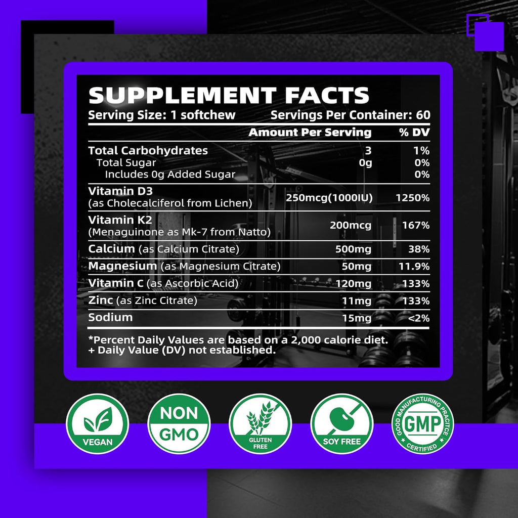 Sugar-Free Vitamin D3 K2 Chews with Calcium + K2 (MK-7), Magnesium Citrate, Vitamin C, Extra Strength - Ultimate Absorption for Bone Muscle Teeth Immune, Vegan - 60 Count-Blueberry Flavor